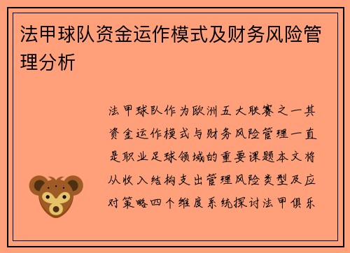 法甲球队资金运作模式及财务风险管理分析